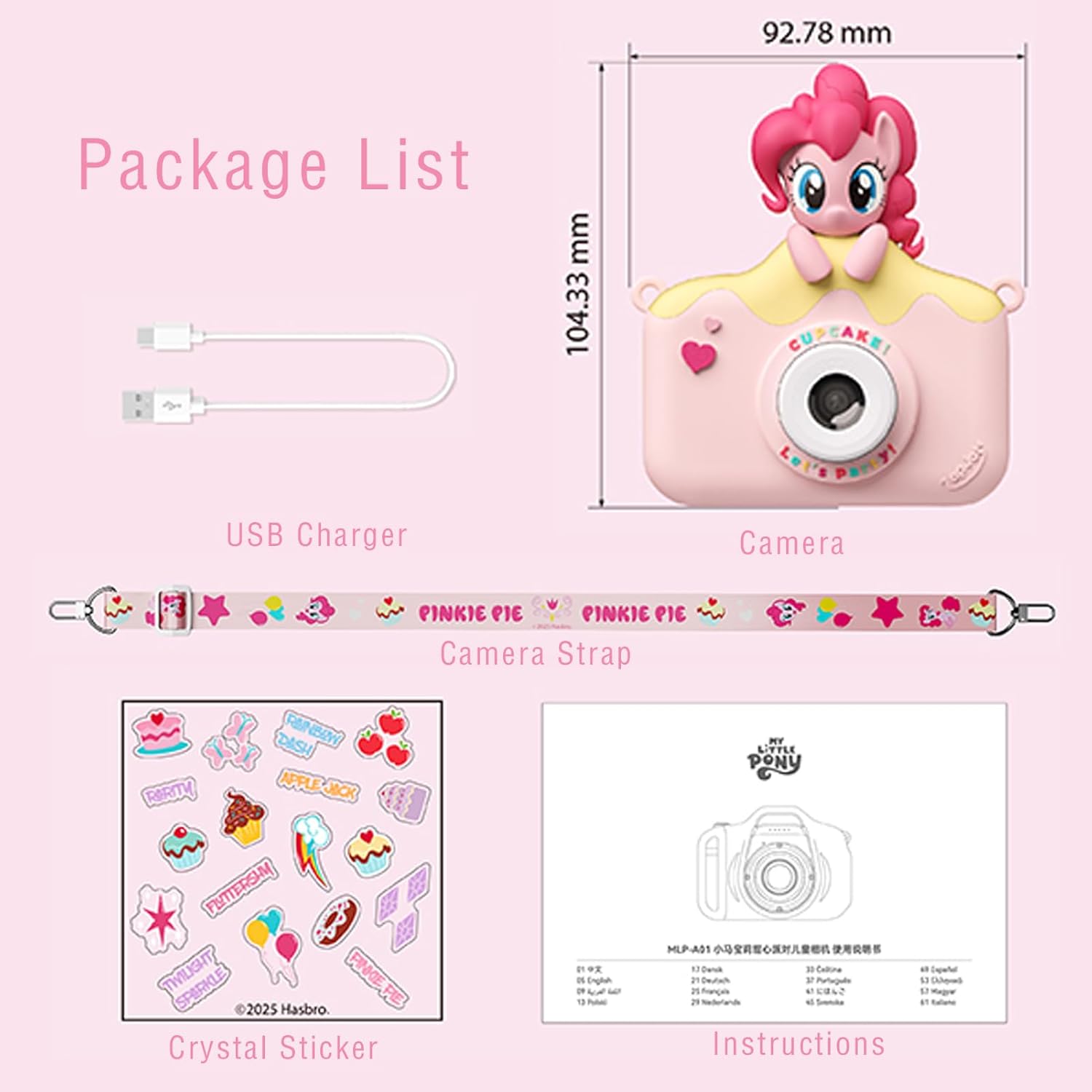 My Little Pony Sweetheart Party Children Camera, Birthday Gifts Girls Boys Age 3-12, Kid's Camera with SD Card,Pinkie Pie