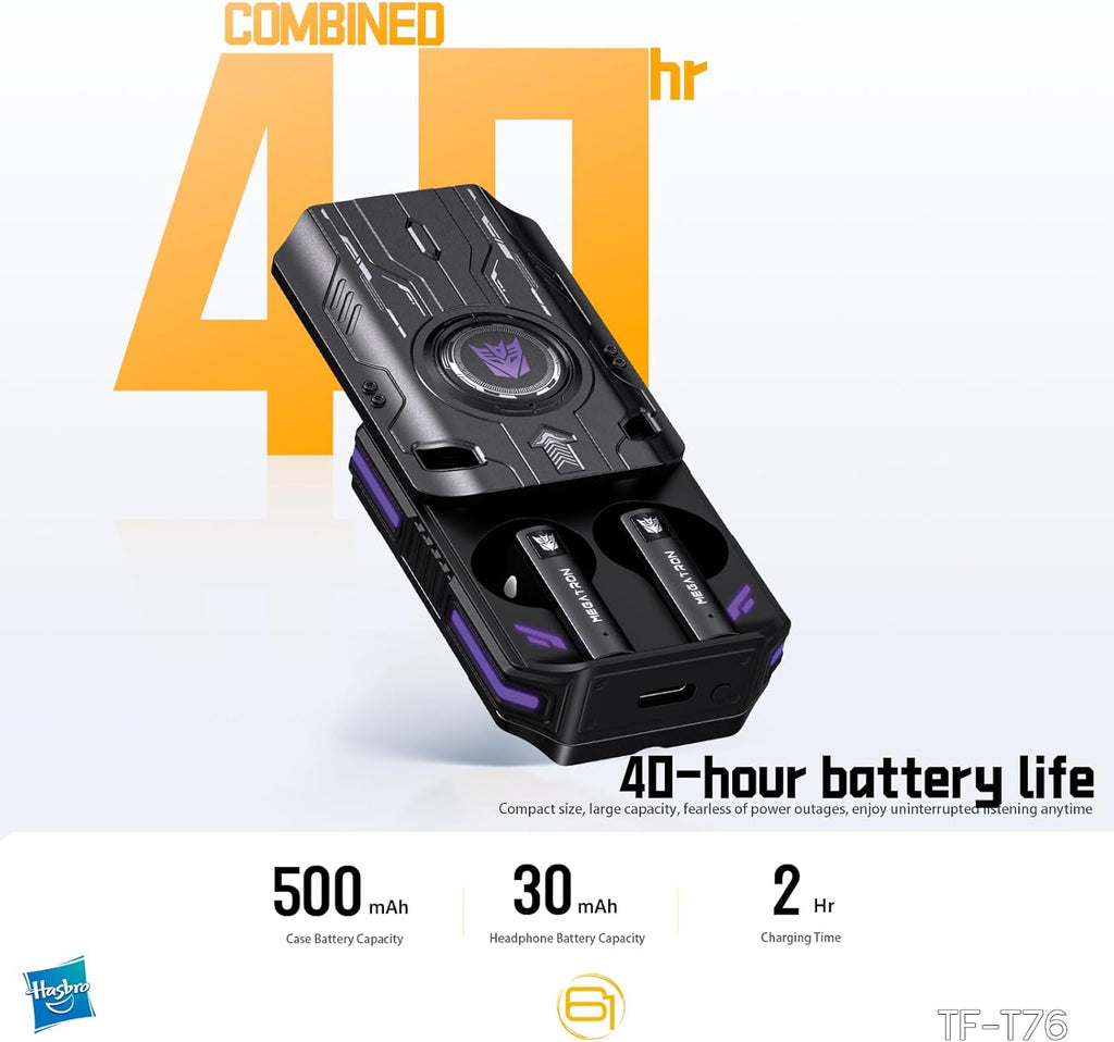 Transformers TF-T76 True Wireless Bluetooth 6.0 Earbuds with Mic, Mecha Zinc Alloy Armor Case, Low-Latency Game/Music Modes, Hi-Fi 13mm Drivers, HD Calling, 40H Total Playtime (Megatron Black)