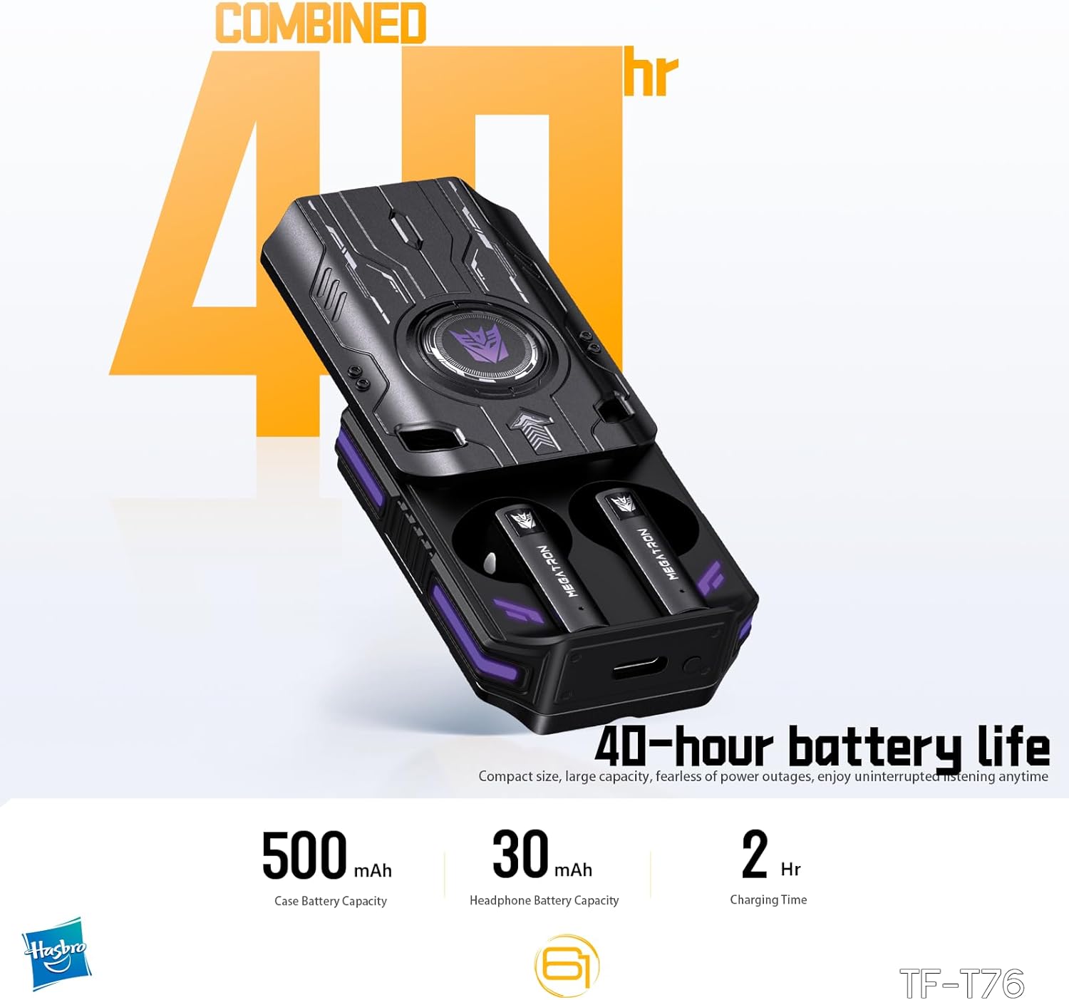 Transformers TF-T76 True Wireless Bluetooth 6.0 Earbuds with Mic, Mecha Zinc Alloy Armor Case, Low-Latency Game/Music Modes, Hi-Fi 13mm Drivers, HD Calling, 40H Total Playtime (Megatron Black)