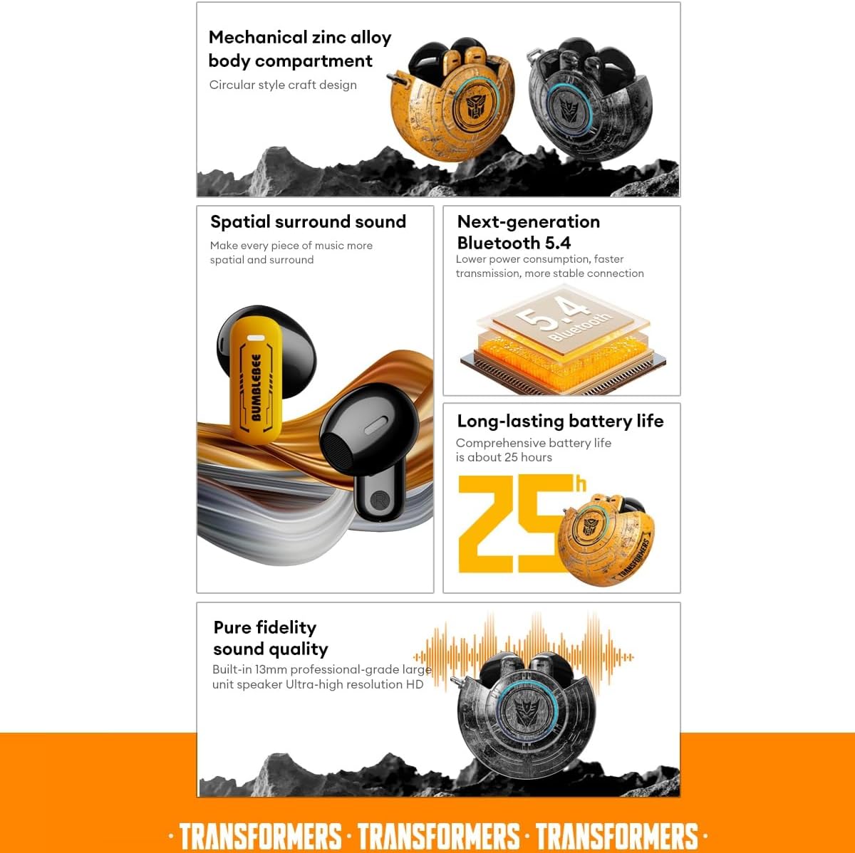 Transformers TF-T31 Bluetooth TWS Wireless Earbuds with Mechanical Shell Design Passive Noise Cancelling in-Ear Cool HiFi HD Calling Music Game Modes Low Latency Sports Earphones (Yellow - Bumblebee)