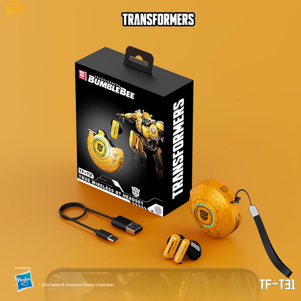 Transformers TF-T31 Bluetooth TWS Wireless Earbuds with Mechanical Shell Design Passive Noise Cancelling in-Ear Cool HiFi HD Calling Music Game Modes Low Latency Sports Earphones (Yellow - Bumblebee)