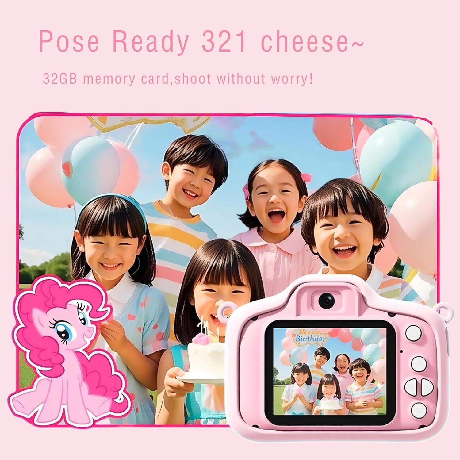 My Little Pony Sweetheart Party Children Camera, Birthday Gifts Girls Boys Age 3-12, Kid's Camera with SD Card,Pinkie Pie