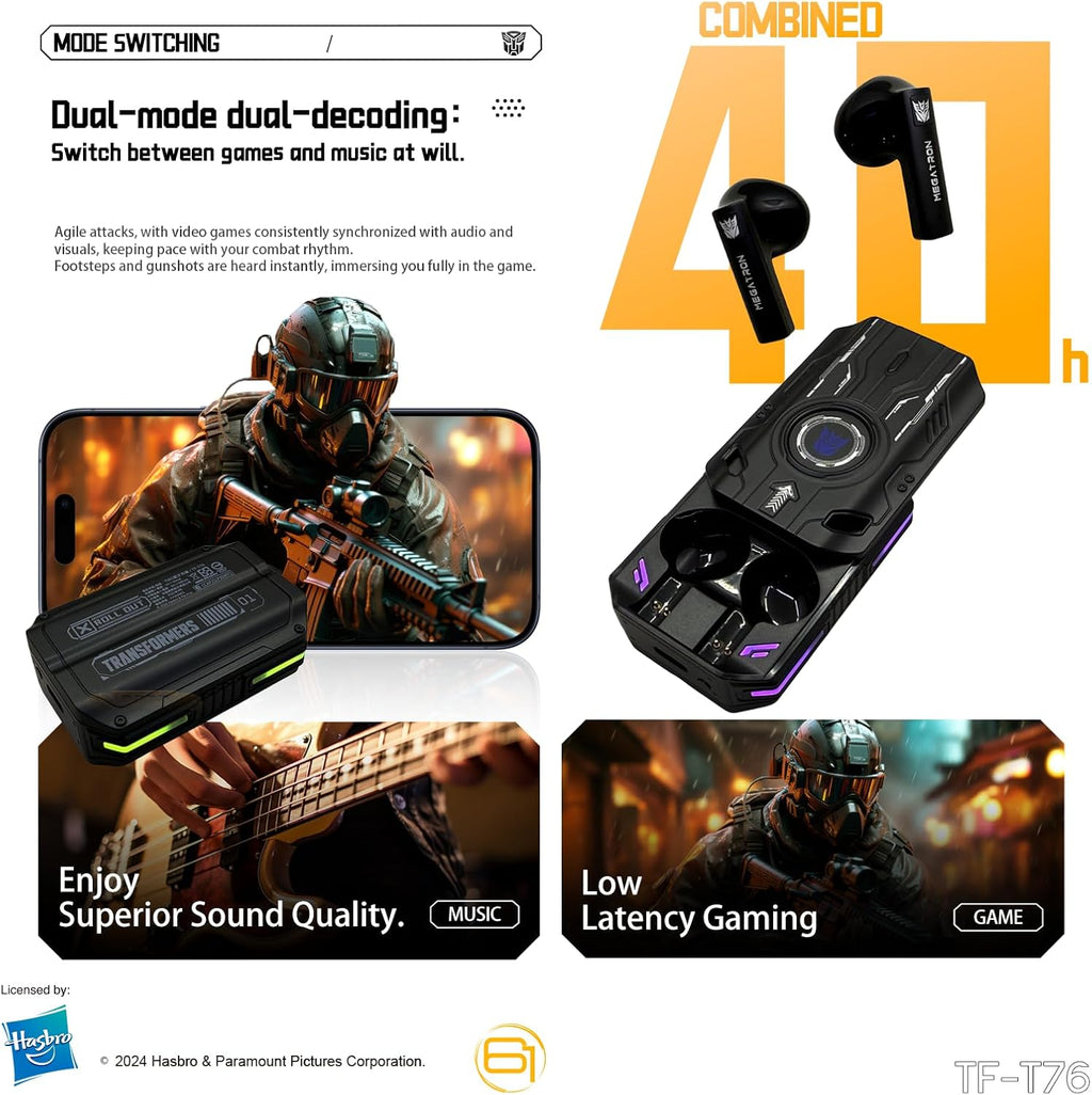 Transformers TF-T76 True Wireless Bluetooth 6.0 Earbuds with Mic, Mecha Zinc Alloy Armor Case, Low-Latency Game/Music Modes, Hi-Fi 13mm Drivers, HD Calling, 40H Total Playtime (Megatron Black)