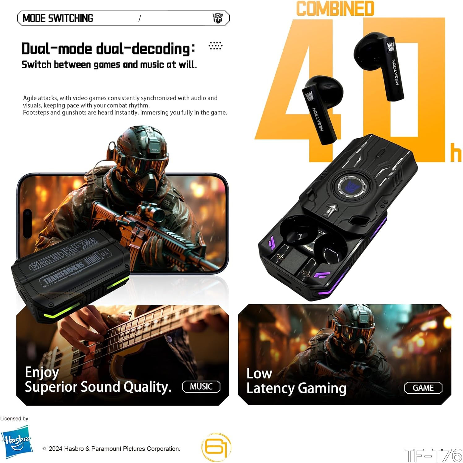 Transformers TF-T76 True Wireless Bluetooth 6.0 Earbuds with Mic, Mecha Zinc Alloy Armor Case, Low-Latency Game/Music Modes, Hi-Fi 13mm Drivers, HD Calling, 40H Total Playtime (Megatron Black)