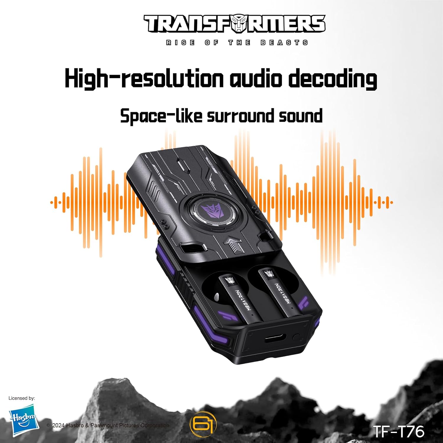 Transformers TF-T76 True Wireless Bluetooth 6.0 Earbuds with Mic, Mecha Zinc Alloy Armor Case, Low-Latency Game/Music Modes, Hi-Fi 13mm Drivers, HD Calling, 40H Total Playtime (Megatron Black)