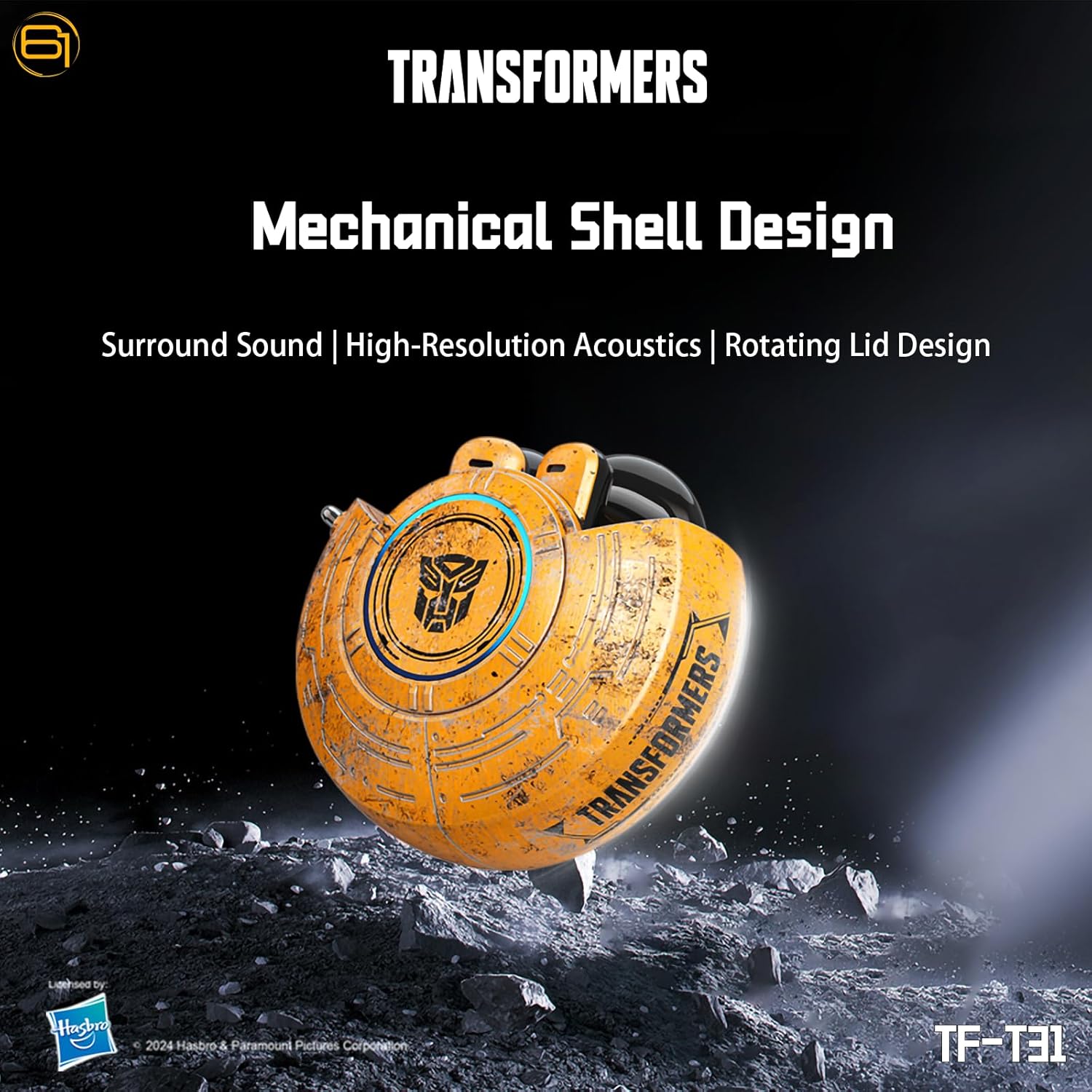Transformers TF-T31 Bluetooth TWS Wireless Earbuds with Mechanical Shell Design Passive Noise Cancelling in-Ear Cool HiFi HD Calling Music Game Modes Low Latency Sports Earphones (Yellow - Bumblebee)