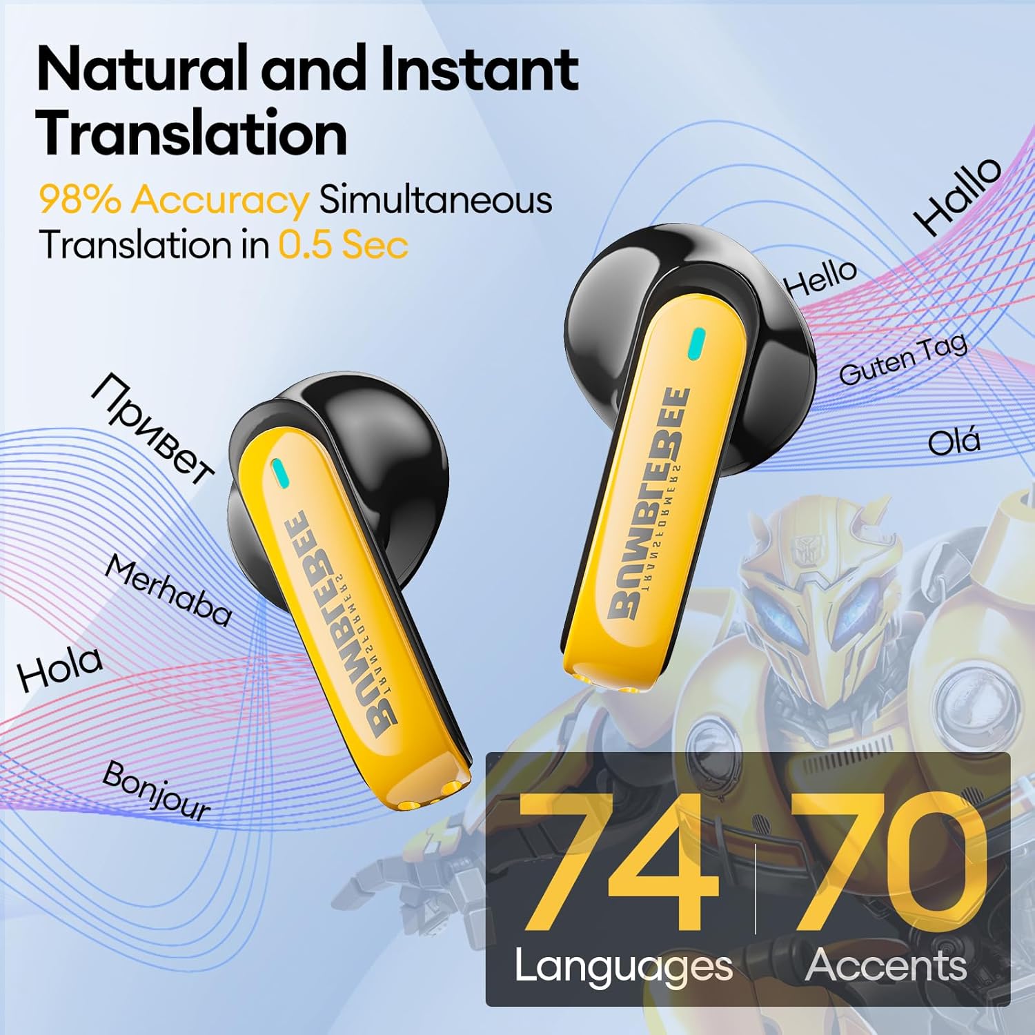 Transformers AI Translation Earbuds 3-in-1 Translator Earbuds Real Time 144 Language & Accents Translating Ear Buds Bluetooth 5.4, Audifonos Traductores Inglés Español, TF-T01 Yellow Bumblebee