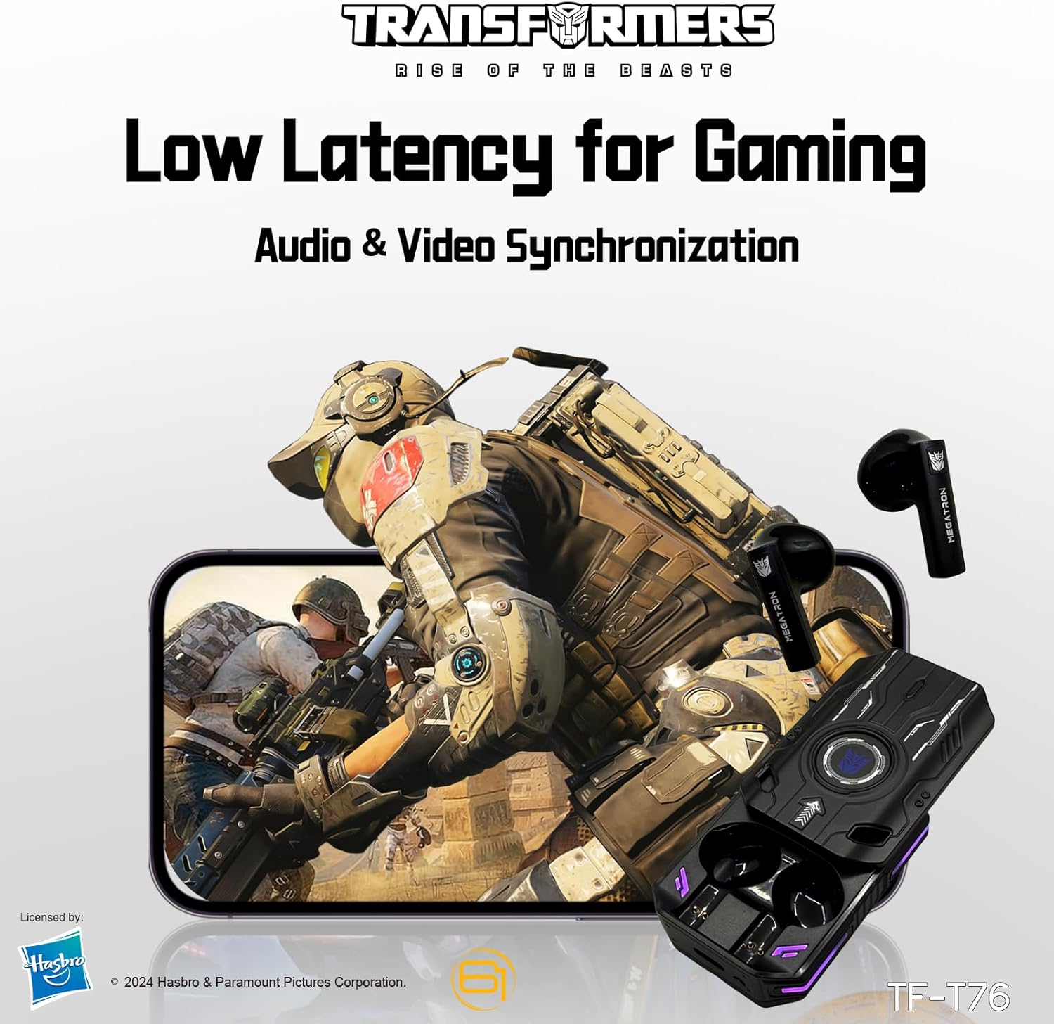 Transformers TF-T76 True Wireless Bluetooth 6.0 Earbuds with Mic, Mecha Zinc Alloy Armor Case, Low-Latency Game/Music Modes, Hi-Fi 13mm Drivers, HD Calling, 40H Total Playtime (Megatron Black)