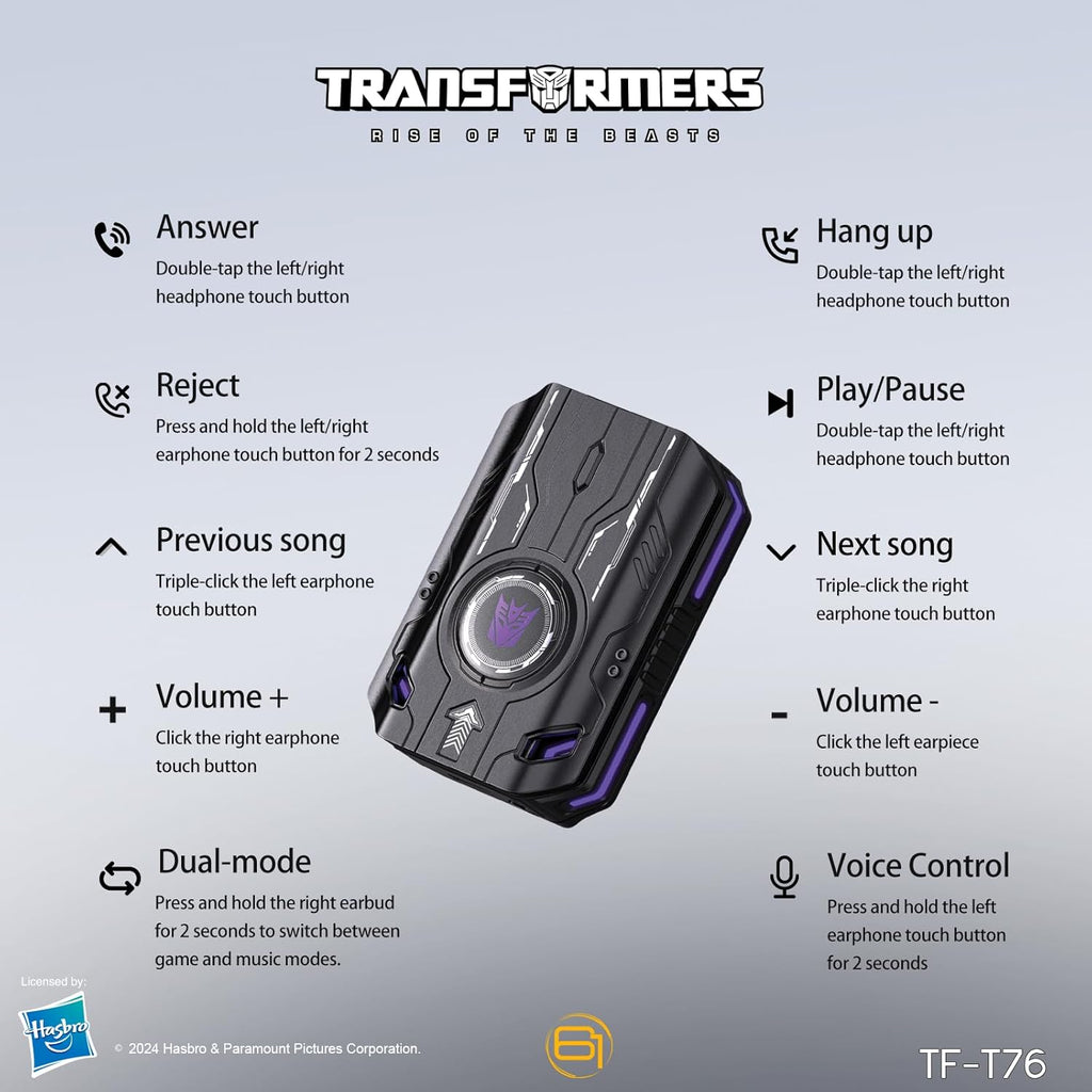 Transformers TF-T76 True Wireless Bluetooth 6.0 Earbuds with Mic, Mecha Zinc Alloy Armor Case, Low-Latency Game/Music Modes, Hi-Fi 13mm Drivers, HD Calling, 40H Total Playtime (Megatron Black)