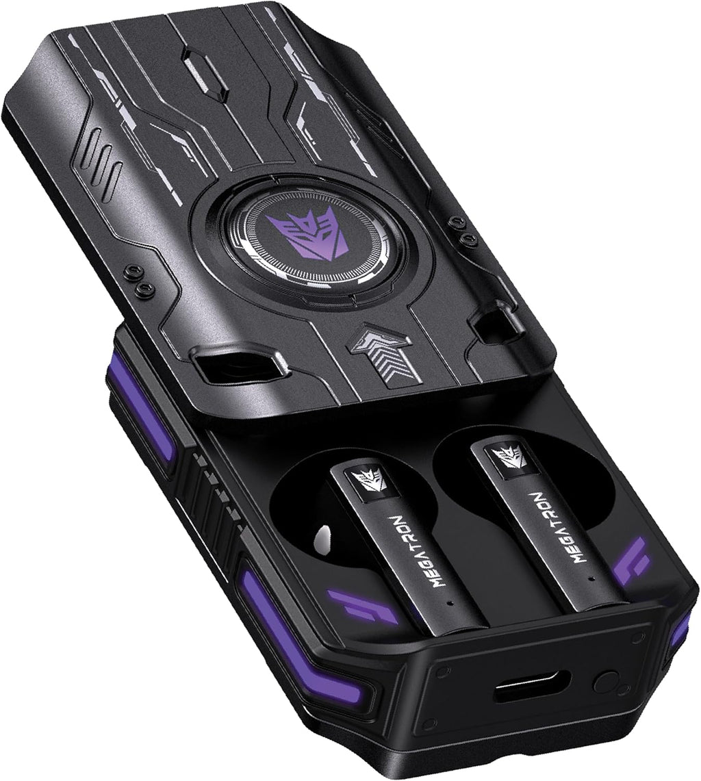 Transformers TF-T76 True Wireless Bluetooth 6.0 Earbuds with Mic, Mecha Zinc Alloy Armor Case, Low-Latency Game/Music Modes, Hi-Fi 13mm Drivers, HD Calling, 40H Total Playtime (Megatron Black)