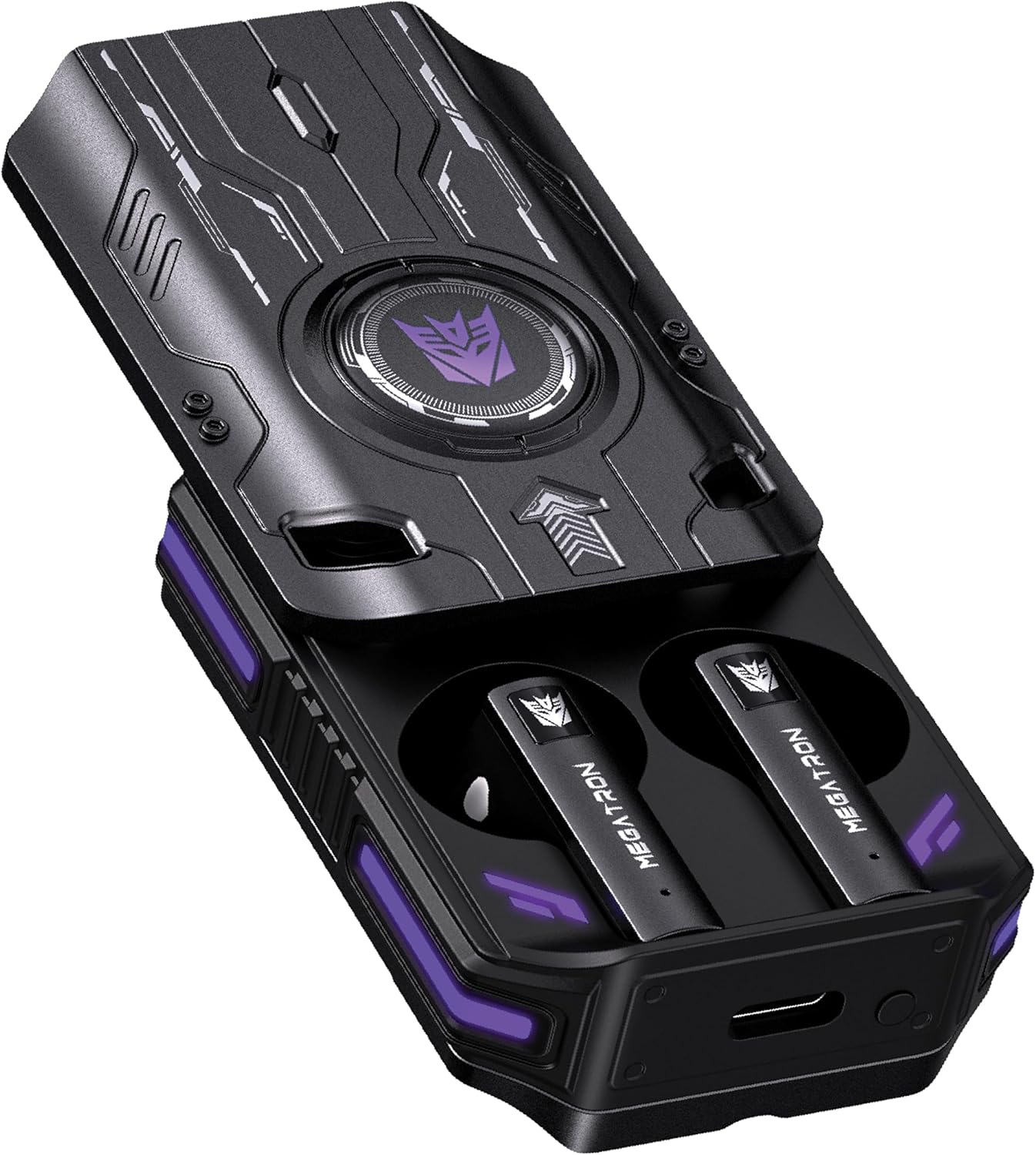 Transformers TF-T76 True Wireless Bluetooth 6.0 Earbuds with Mic, Mecha Zinc Alloy Armor Case, Low-Latency Game/Music Modes, Hi-Fi 13mm Drivers, HD Calling, 40H Total Playtime (Megatron Black)